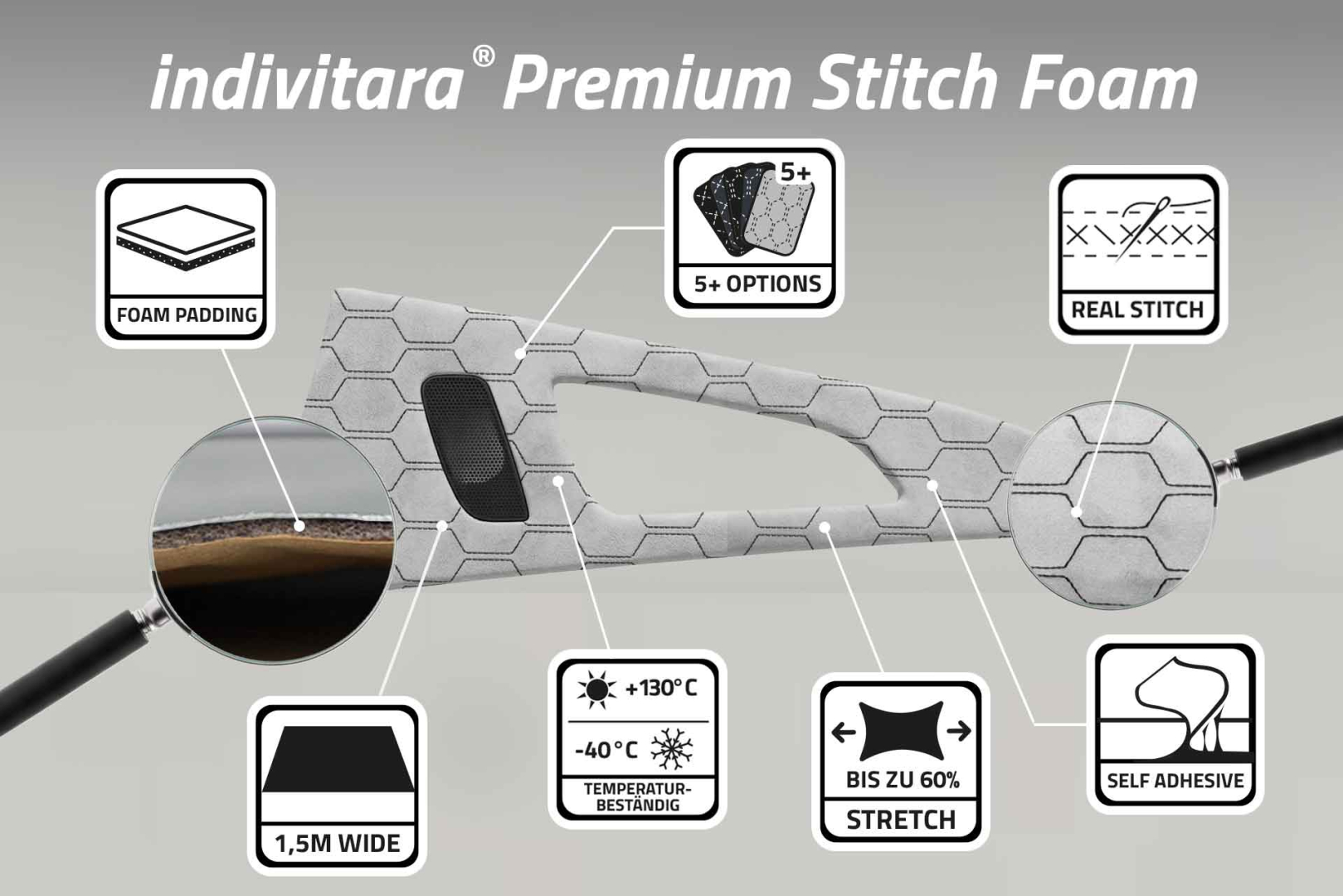 indivitara® Premium Stitch Foam – Self-Adhesive Premium Microfiber Fabric with Real Stitching – Sold by the Meter – Various Colors – Foam Backing